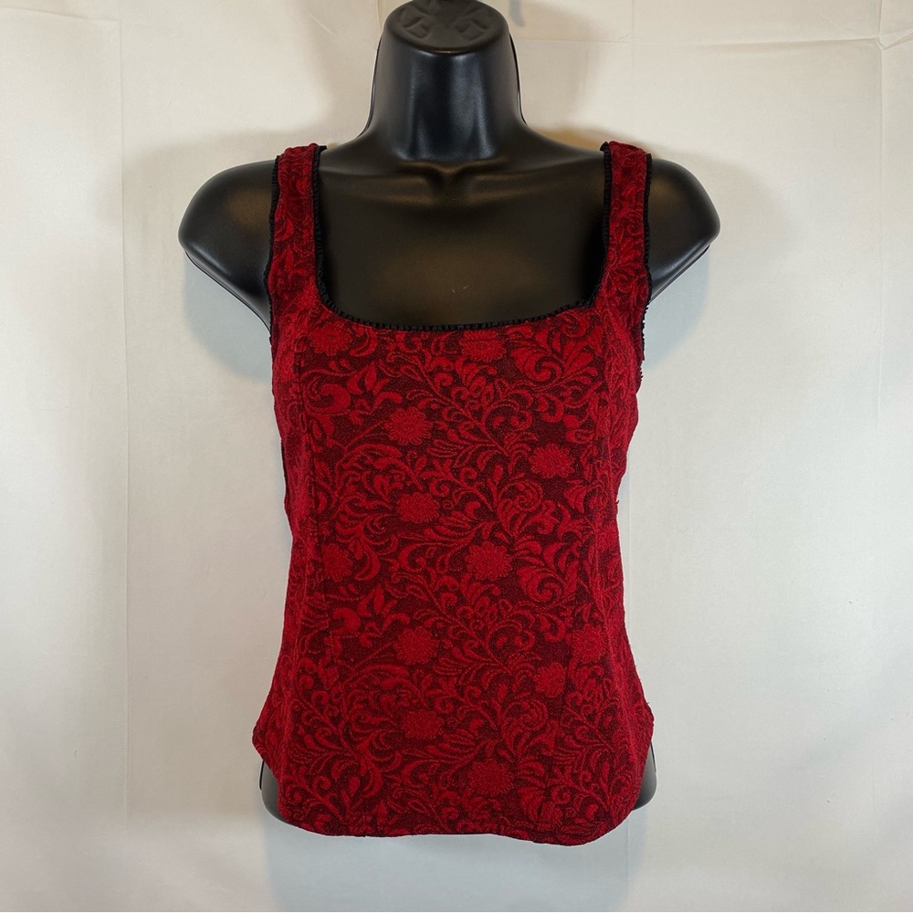 Vintage Escapades Red Floral Tank With Lace-Like Design